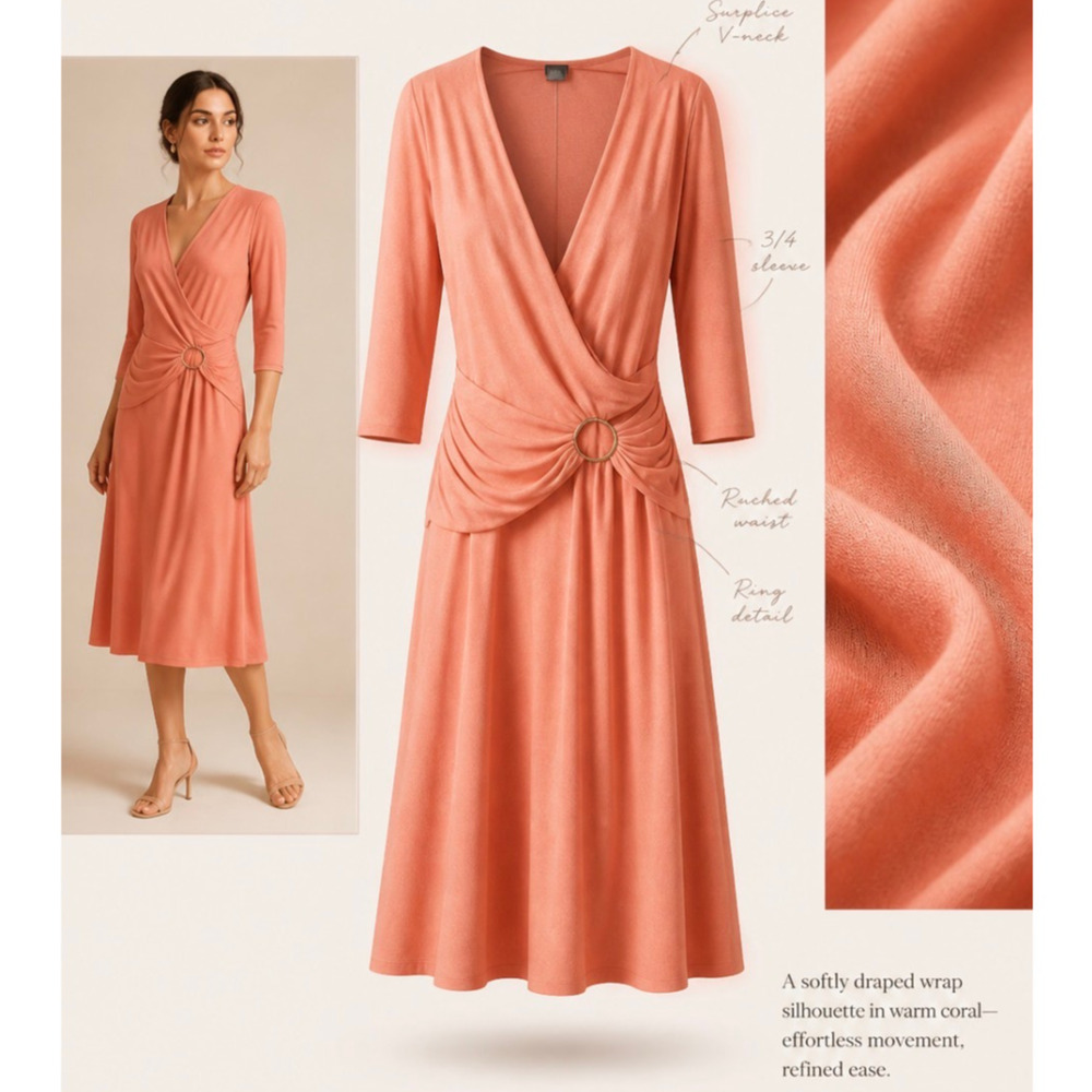 Vintage Courtenay Stretch Buckle V-Neck Peach A-Line Midi Dress Size 16 NWOT